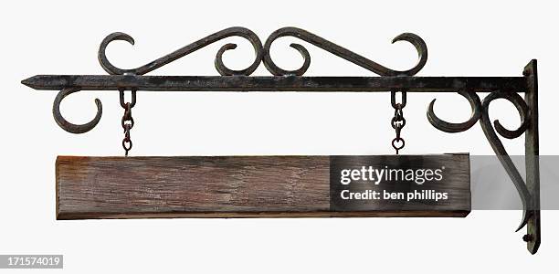 wrought iron &amp; wooden sign - wood sign stock pictures, royalty-free photos & images