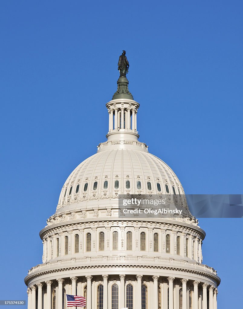 US Capitol Building Dome close-up, Washington DC. Clear blue sky.