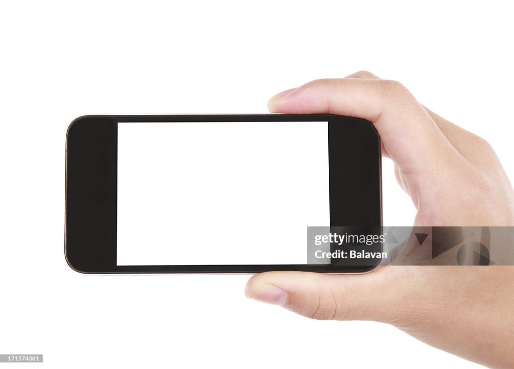 Hand holding blank screen smart phone on white background