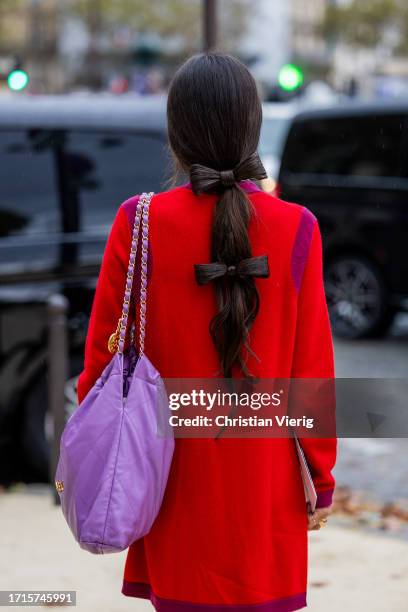 Fer Millán Delaroière wears red purple jacket, tights, pink bag outside Chanel during the Womenswear Spring/Summer 2024 as part of Paris Fashion Week...