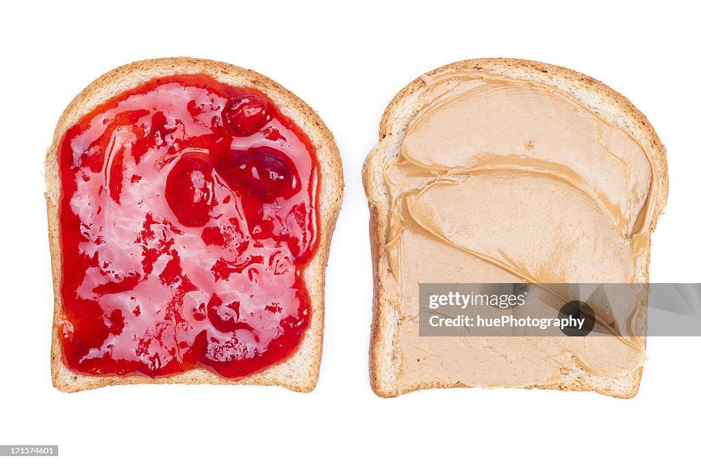Close up of a peanut butter & jelly sandwich on white bread