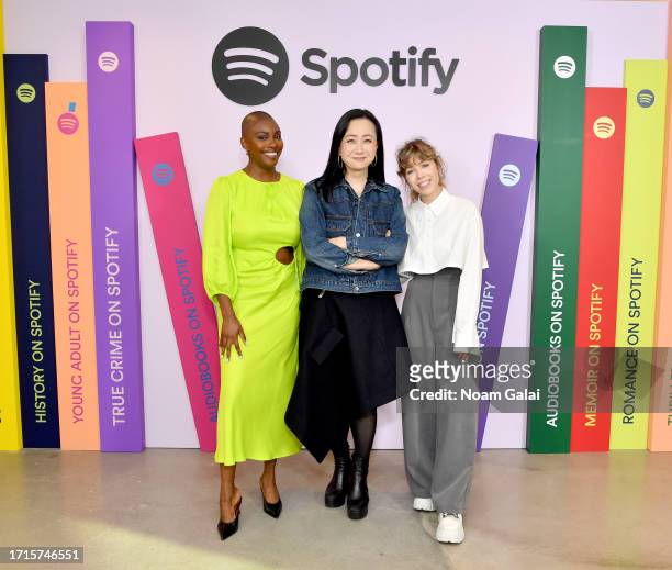 Yomi Adegoke, Min Jin Lee, and Jennette McCurdy attend The Future of Audiobooks Event with Spotify 2023 on October 03, 2023 in New York City.