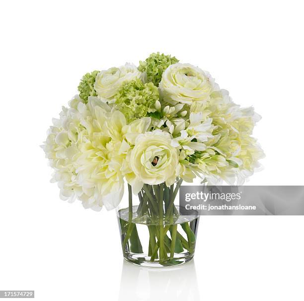 agapanthus, ranunculus and dahlia bouquet on white background - lily bouquet stock pictures, royalty-free photos & images