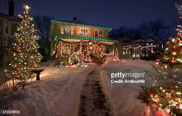 old historic home with christmas lights - garden lighting bildbanksfoton och bilder