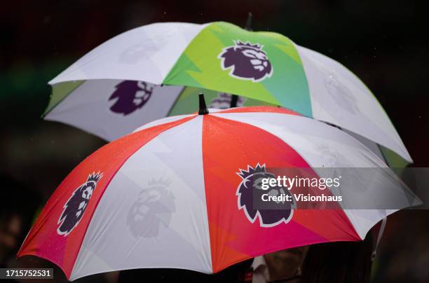 Premier League umbrellas during the Premier League match between Manchester United and Crystal Palace at Old Trafford on September 30, 2023 in...