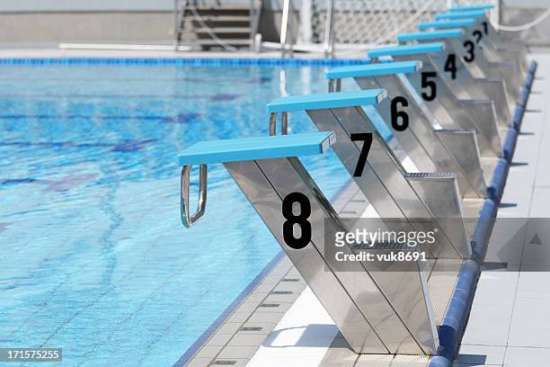 olympic swimming pool start line - the olympic games stock pictures, royalty-free photos & images