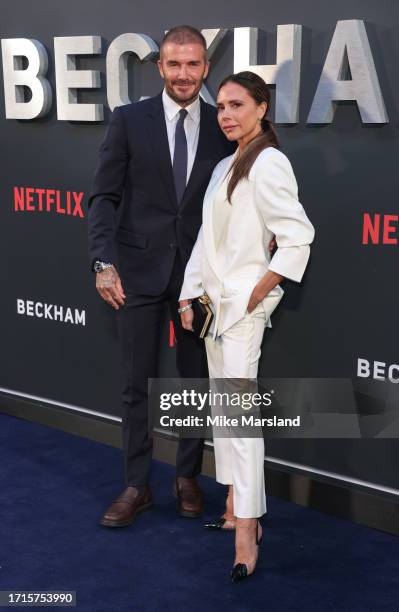 Victoria Beckham and David Beckham attend the Netflix 'Beckham' UK Premiere at The Curzon Mayfair on October 03, 2023 in London, England.