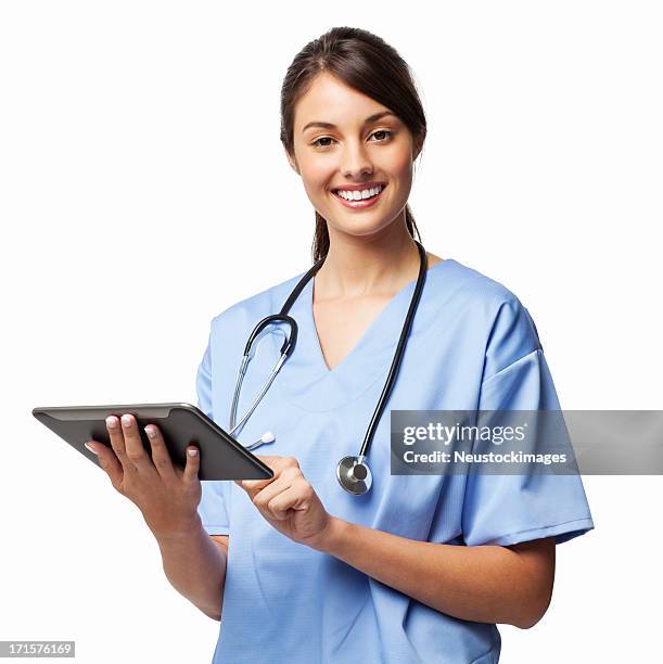 weibliche chirurg mit digitalen tablet-isoliert - nurse and portrait and white background and smiling and female and looking at camera stock-fotos und bilder