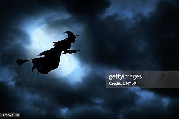 halloween witch - witch flying on broom stock pictures, royalty-free photos & images