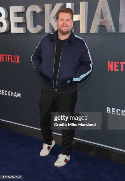 James Corden attends the Netflix 'Beckham' UK Premiere at The Curzon Mayfair on October 03, 2023 in London, England.