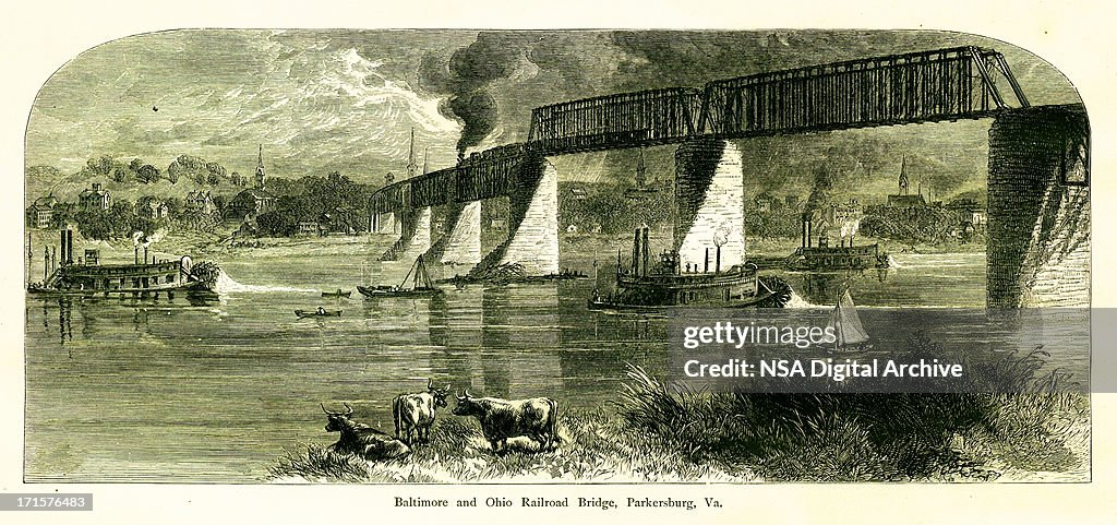 Baltimore and Ohio Railroad Bridge, USA, wood engraving (1872)