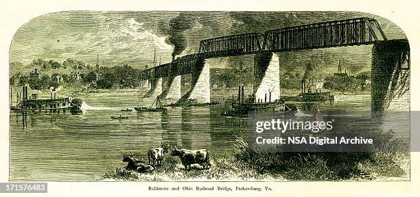 baltimore and ohio railroad bridge, usa, wood engraving (1872) - steamer stock illustrations