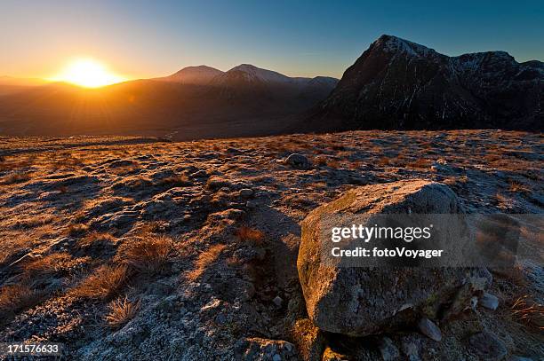 golden highland dawn glencoe mountain sunrise buachaille etive mòr scotland - silentfoto heather stock pictures, royalty-free photos & images