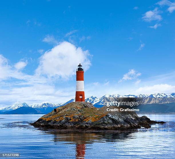 argentina ushuaia bay at beagle channel with les eclaireurs lighthouse - ushuaia stock pictures, royalty-free photos & images