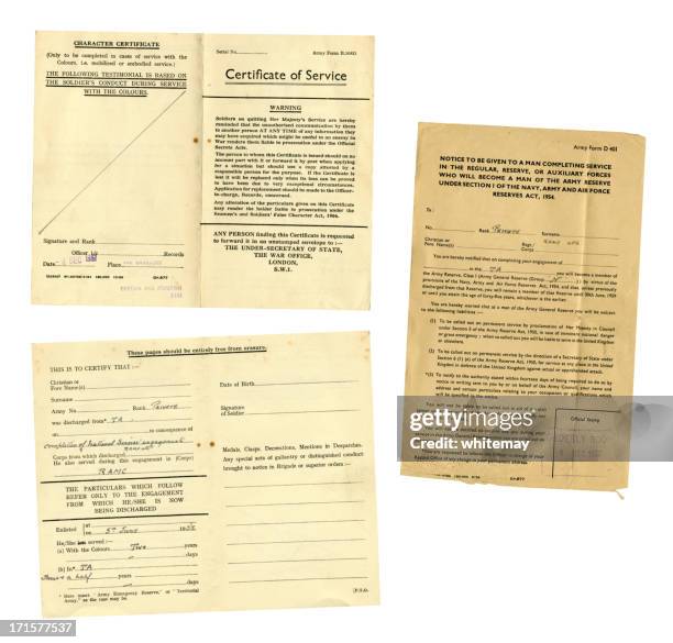 british national service discharge documents, 1957 - national defence forces stock pictures, royalty-free photos & images