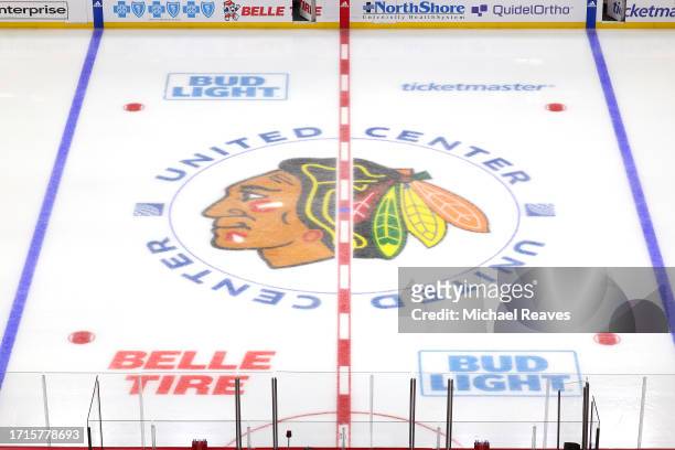 Detail view of the Chicago Blackhawks logo prior to the preseason game between the against the Detroit Red Wings at the United Center on October 03,...
