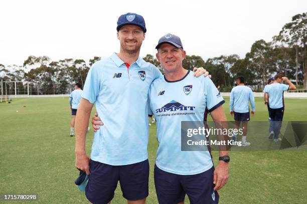 New South Wales debutant Jackson Bird poses with assistant coach Shawn Bradstreet during the Sheffield Shield match between New South Wales and...