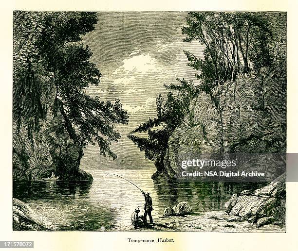 banks of temperance river, minnesota, wood engraving (1872) - michigan v wisconsin stock illustrations