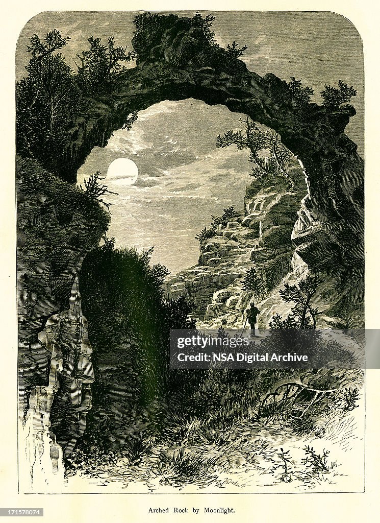 Arch Rock by moonlight, Michigan, wood engraving (1872)