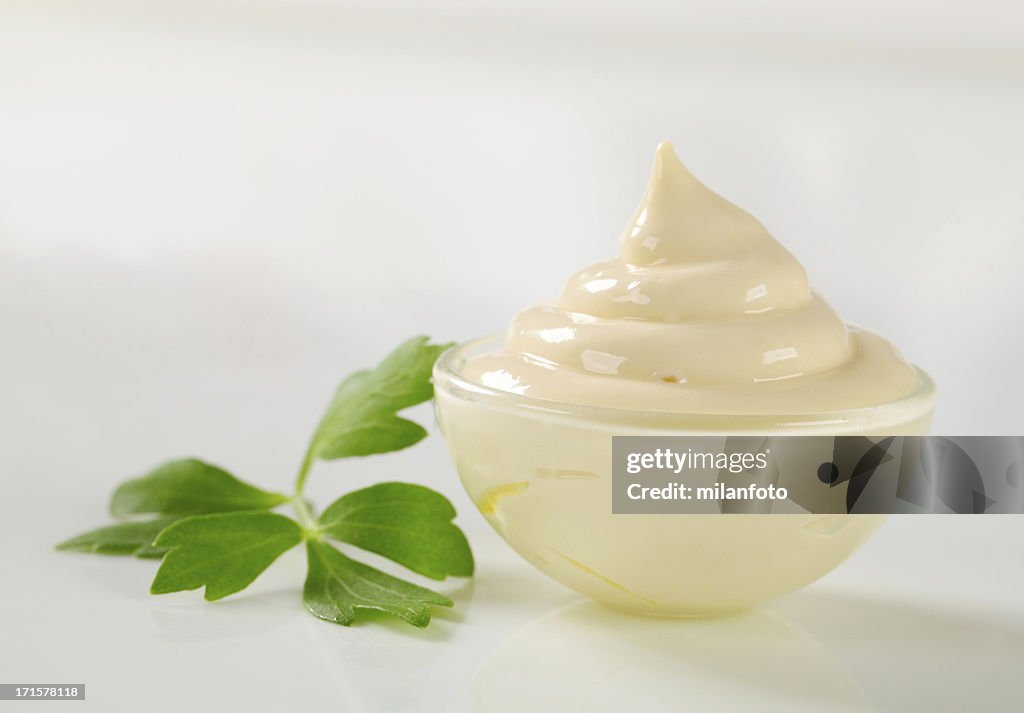 Mayonnaise in a glass bowl