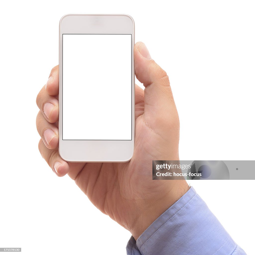 Man holding white screen smart phone