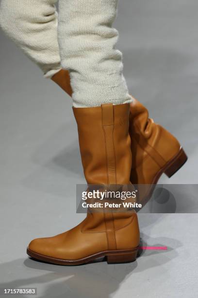 Model, shoe detail, walks the runway during the Duran Lantink Womenswear Spring/Summer 2024 show as part of Paris Fashion Week on October 03, 2023 in...