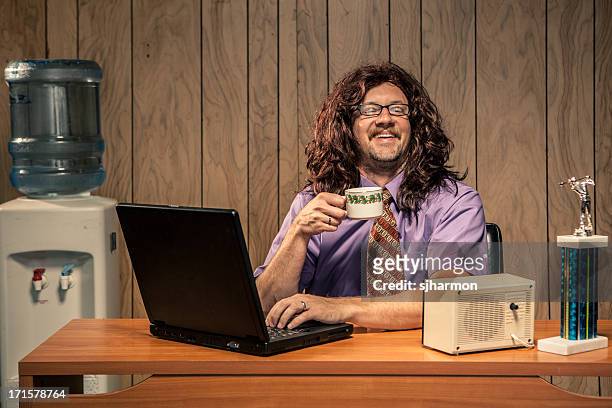 laughing cheerful office worker computer it tech man - water cooler stock pictures, royalty-free photos & images