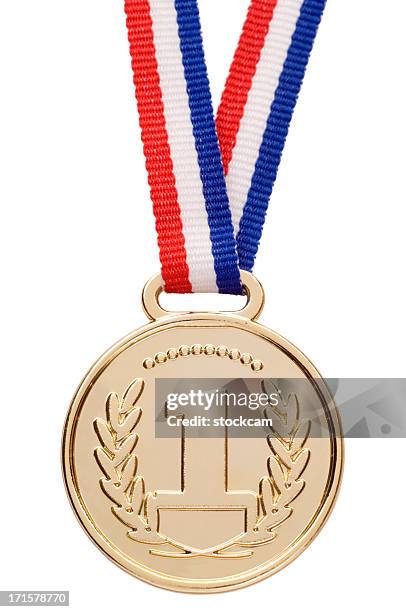 isolated gold medal with ribbon - gold medal stockfoto's en -beelden