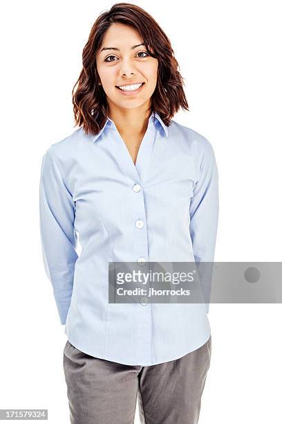 atractiva joven empresaria hispana - blue shirt fotografías e imágenes de stock