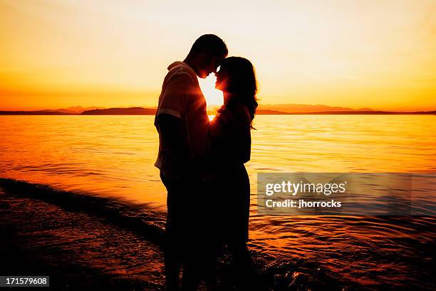 romantic couple silhouette at sunset - rubbing noses stock pictures, royalty-free photos & images