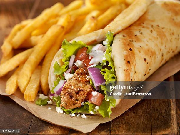 pork souvlaki wrap - pita bread stock pictures, royalty-free photos & images