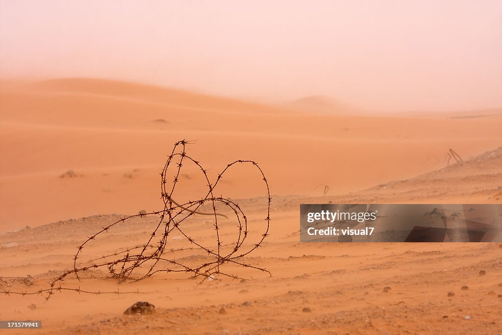 Old wire fence in a sand storm near dubai