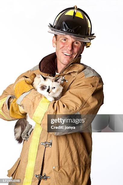fireman rescuing a cat - cat rescue stock pictures, royalty-free photos & images