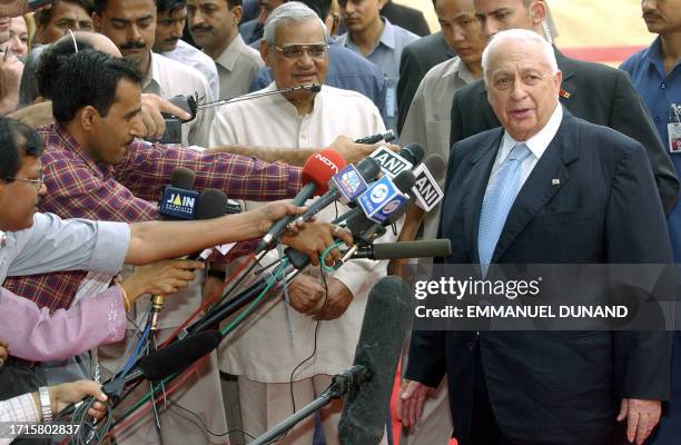 Israeli Prime Minister Ariel Sharon addresses the press during a welcoming ceremony at Rashtrapati Bhavan -The Presidential Palace, whilst Indian...