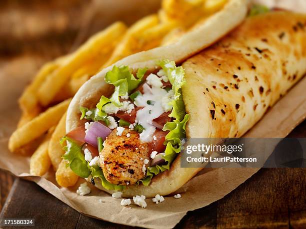 chicken souvlaki wrap - pitta bread stock pictures, royalty-free photos & images