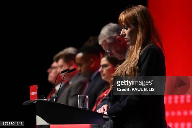 Britain's main opposition Labour Party deputy leader and Shadow Levelling Up, Housing and Communities Secretary Angela Rayner leads a minutes'...