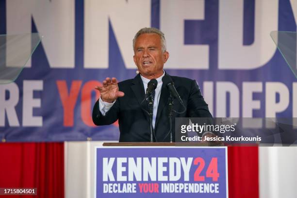 Presidential Candidate Robert F. Kennedy Jr. Makes a campaign announcement at a press conference on October 9, 2023 in Philadelphia, Pennsylvania....