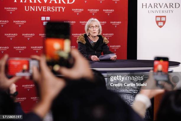 Claudia Goldin, the Henry Lee Professor of Economics at Harvard University, speaks at a press conference after being named this year's Nobel Laureate...