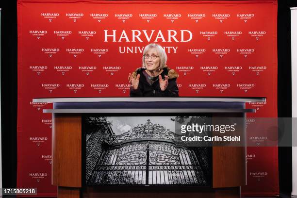 Claudia Goldin, the Henry Lee Professor of Economics at Harvard University, speaks at a press conference after being named this year's Nobel Laureate...