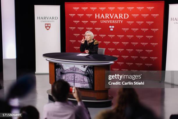 Claudia Goldin, the Henry Lee Professor of Economics at Harvard University, speaks at a press conference after being named this year's Nobel Laureate...