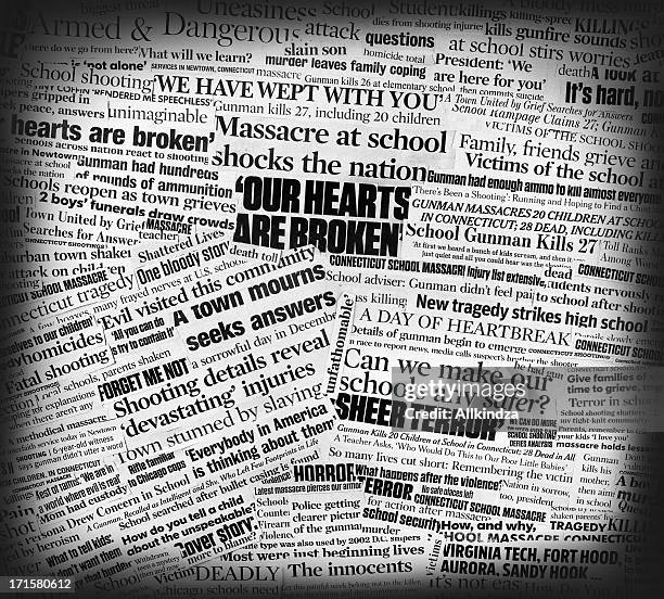 newtown school massacre newspaper collage - violence stock pictures, royalty-free photos & images