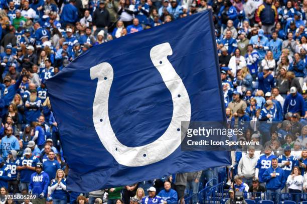 Indianapolis Colts logo is seen on a flag during the NFL game between the Tennessee Titans and the Indianapolis Colts on October 8 at Lucas Oil...