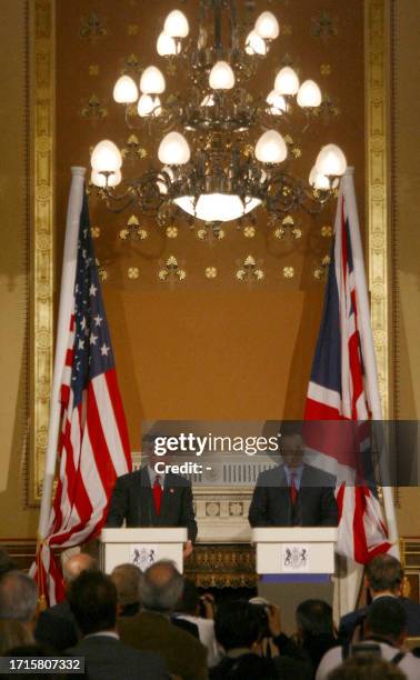 British Prime Minister, Tony Blair speaks at a joint press conference with US President George W. Bush at the Foreign Office in London, 20 November...