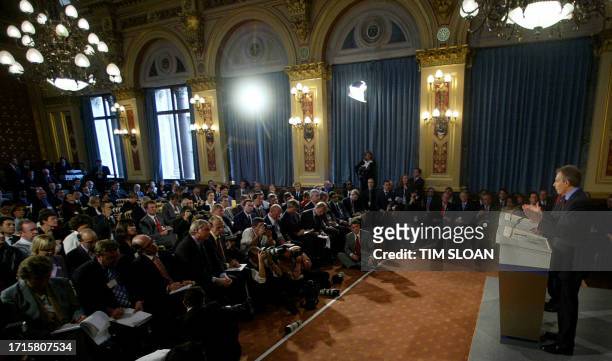 British Prime Minister Tony Blair answers a question during a joint press conference with US President George W. Bush at the Foreign & Commonwealth...
