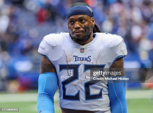 Derrick Henry of the Tennessee Titans is seen after the game against the Indianapolis Colts at Lucas Oil Stadium on October 8, 2023 in Indianapolis,...