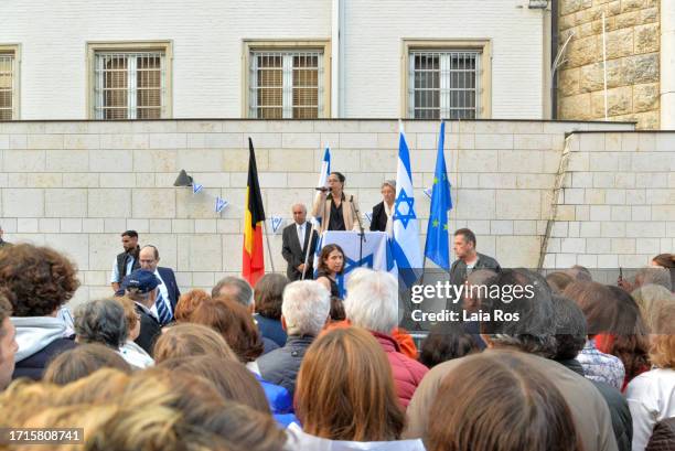 Idit Rosenzweig Abu, Ambassador of Israel to Belgium and Luxembourg, delivers a speech during the gathering in support of Israel in front of Israel's...