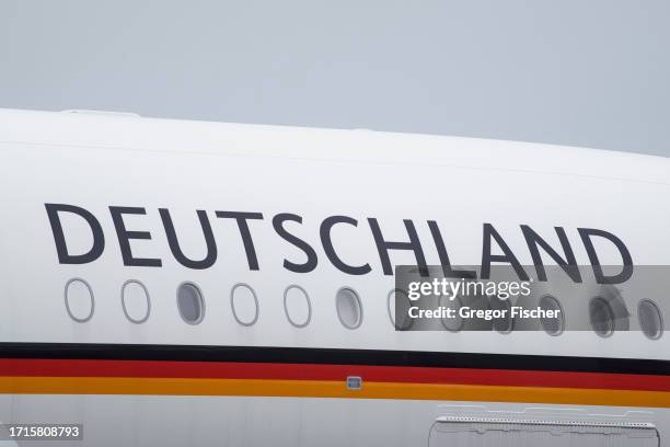 An Airbus A350-900 of the German Air Force is seen on the tarmac of the airport at Airbus Factory on the first day of a two-day German-French...