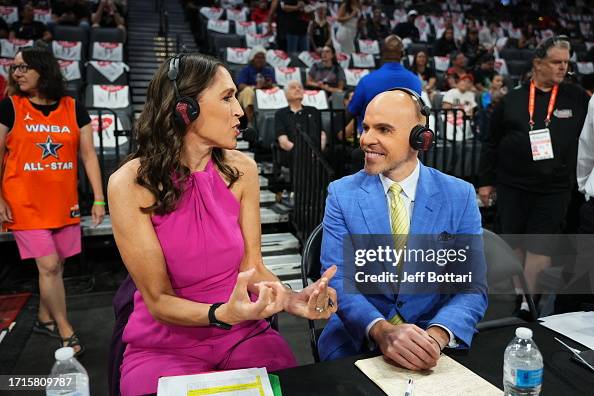 Ryan Roccio Rebecca Lobo and Ryan Ruocco talk during the game between the New ...