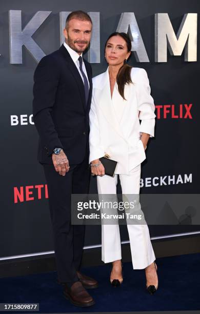 Victoria Beckham and David Beckham attend the Netflix 'Beckham' UK Premiere at The Curzon Mayfair on October 03, 2023 in London, England.