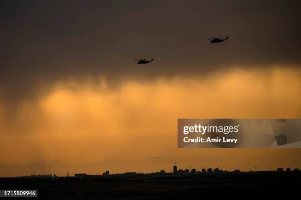 Israeli attack helicopters make their way to the Israeli southern border with the Gaza Strip on October 9, 2023 near Ashdod Israel. On October 7, the...